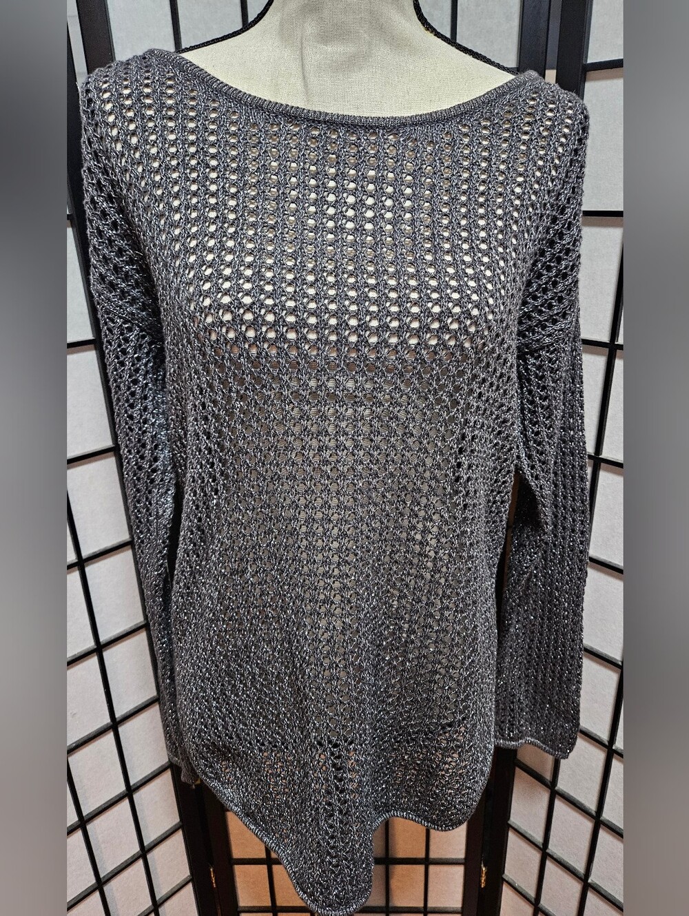Jeanne Pierre Medium Grey Metallic Open Knit Longsleeve Pullover Sweater